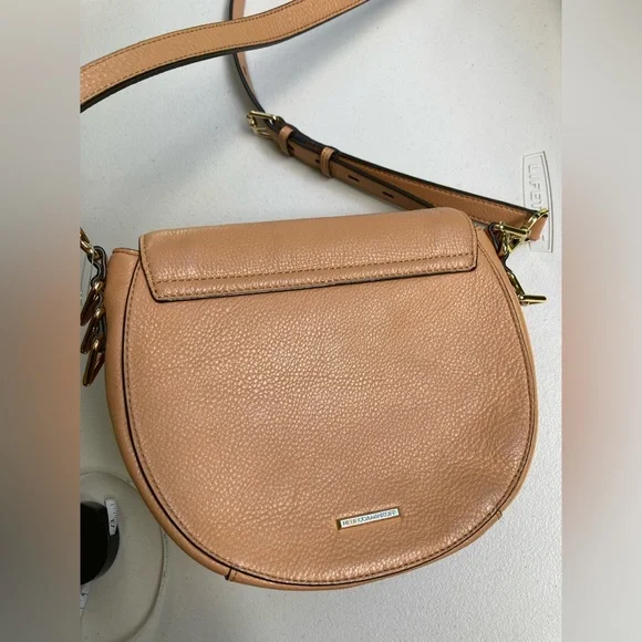 Rebecca Minkoff Tan Pebbeled Leather Saddle Bag Studded Crossbody Purse - Picture 7 of 17